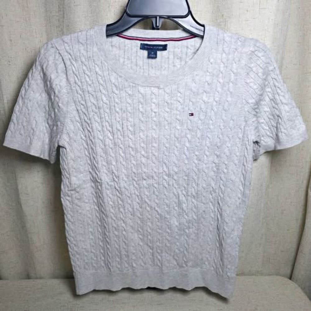 Tommy Hilfiger Women's Gray Cable-Knit Short Sleeve Crew Neck Pullover Sweater M